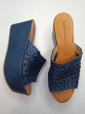 Fabbrica Morichetti Navy Woven Leather Platform Wedge Sandals EU 38 US 7.5-8